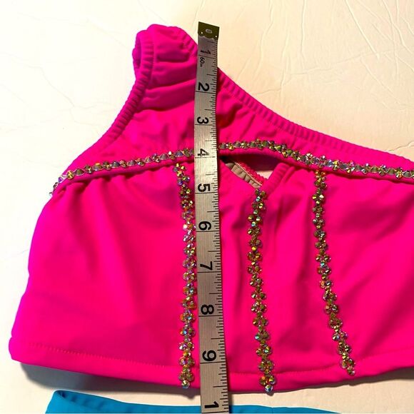Custom made solo dance costume hot pink neon rhinestone 2 piece set child 10 - Picture 10 of 13